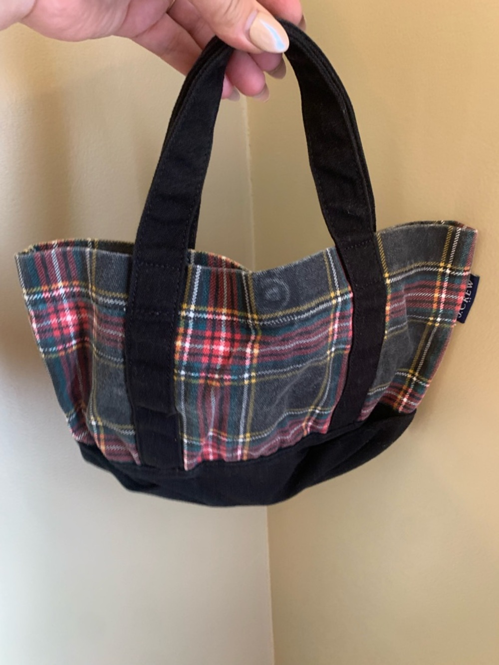 J.Crew Mini Canvas Tote Purse  Women's  Plaid Black Red Snap  Double Handles - Picture 4 of 6